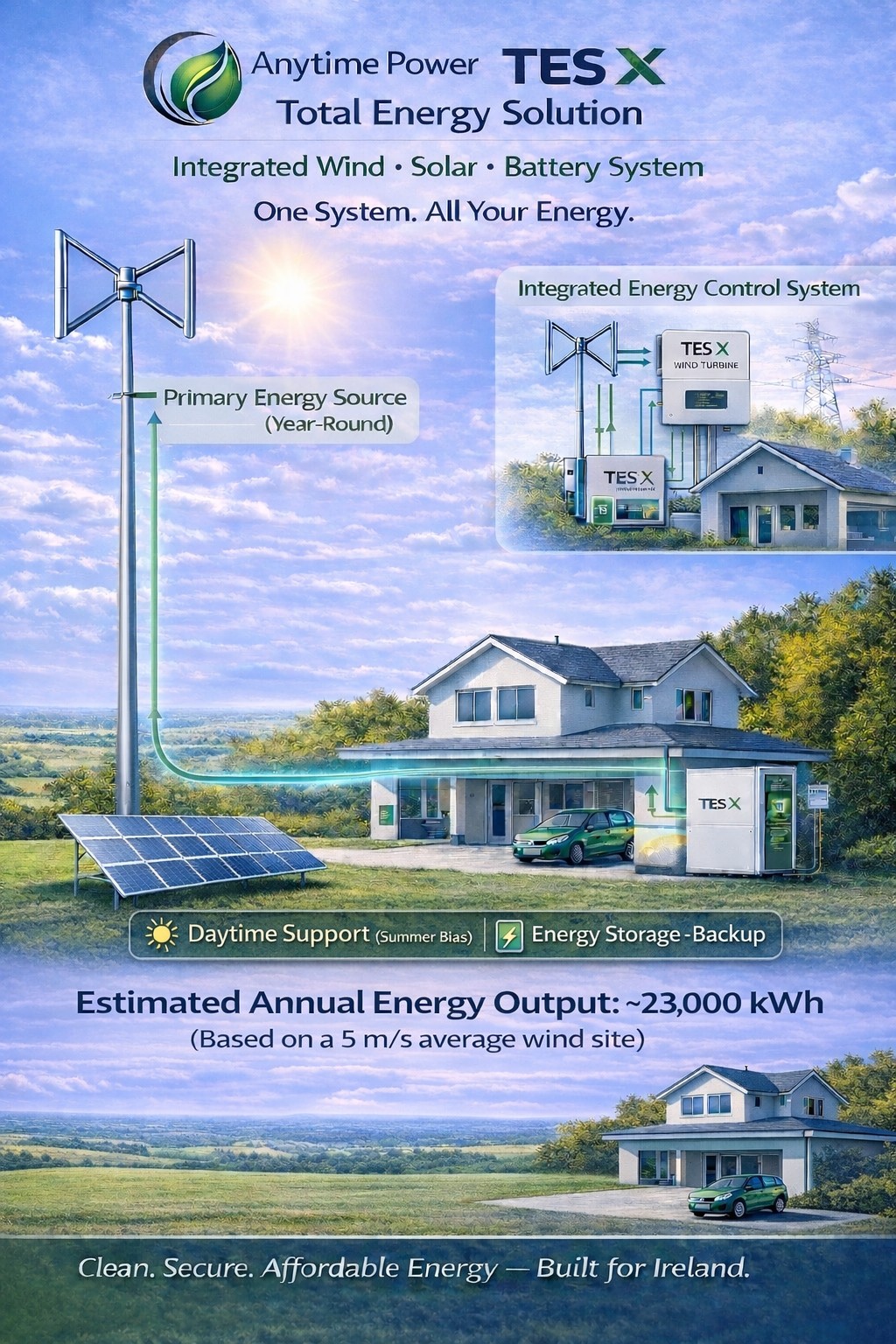TES X infographic showing integrated wind, solar and battery system