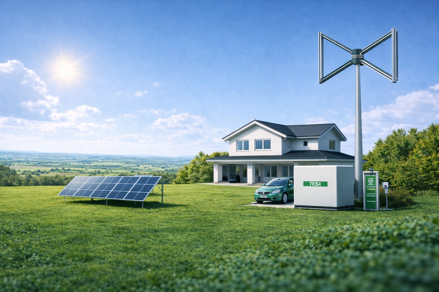 TES X integrated energy system — wind turbine, solar panels, battery storage and EV charger beside a family home